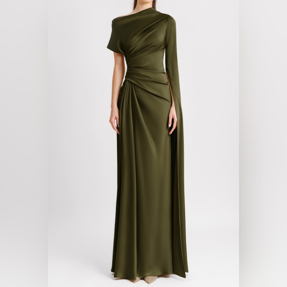 Olive Green Draped One-Shoulder Maxi Dress